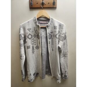 Obermeyer Womens Merino Wool Blend Full Zip Sweater Jacket Grey Fair Isle Large